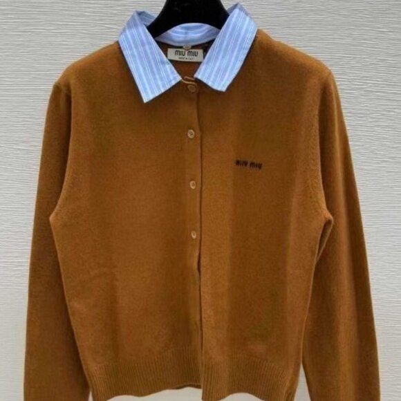 Miu Miu Tops - MIUMIU Letter Print Lapel Pullover Long Sleeve Cashmere Sweater for Women